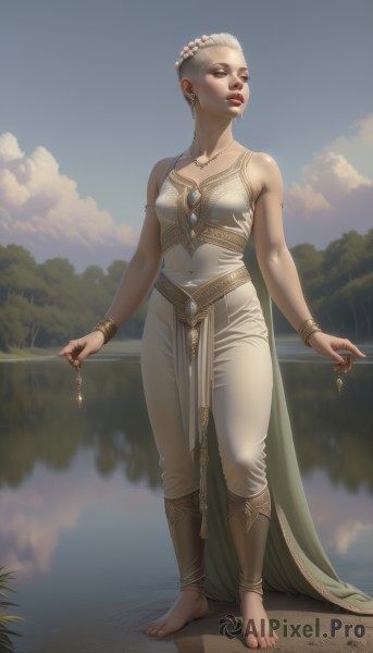 1girl,solo,breasts,short hair,dress,holding,bare shoulders,brown eyes,jewelry,standing,full body,earrings,small breasts,outdoors,sky,barefoot,day,cloud,water,necklace,cape,white dress,bracelet,lips,makeup,toes,realistic,lake,looking at viewer,medium breasts,white hair,parted lips,teeth,artist name,nail polish,feet,tree,piercing,toenails,anklet,toenail polish,red lips,very short hair,gold,belly chain,barefoot sandals,toe ring