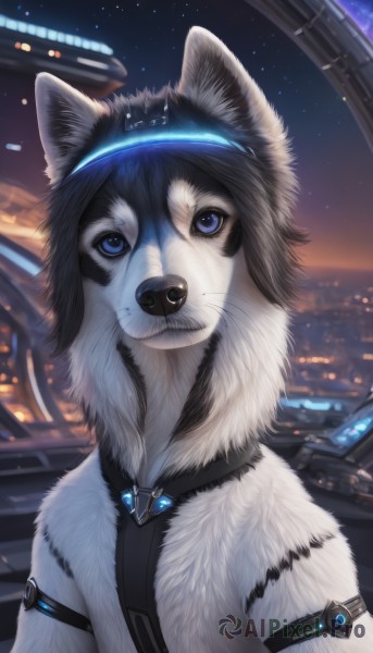 solo,looking at viewer,blue eyes,jewelry,closed mouth,upper body,outdoors,sky,artist name,no humans,night,animal,looking up,goggles,star (sky),night sky,furry,starry sky,dog,animal focus,white fur,whiskers,clothed animal,1girl,signature,necklace,wolf