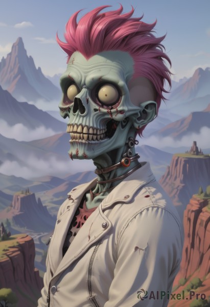 solo,looking at viewer,shirt,1boy,jacket,yellow eyes,upper body,pink hair,male focus,red hair,outdoors,sky,teeth,day,cloud,torn clothes,blood,mask,colored skin,white jacket,skull,mountain,cyborg,mohawk,short hair,blue sky,no humans,zipper,green skin,undercut,stitches,grey skin,zombie,undead