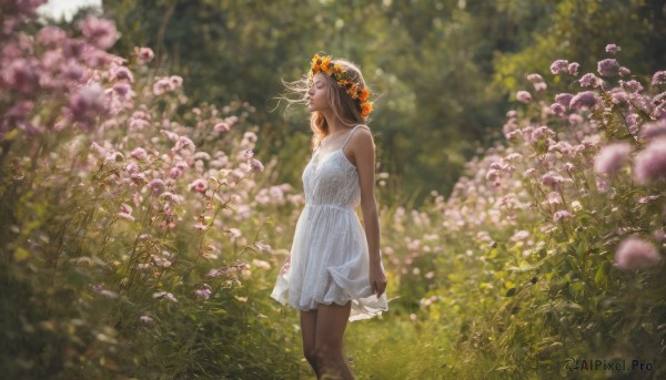 1girl, solo, long hair, brown hair, hair ornament, dress, standing, closed eyes, flower, outdoors, sleeveless, day, hair flower, white dress, blurry, sleeveless dress, depth of field, realistic, sundress, head wreath, field