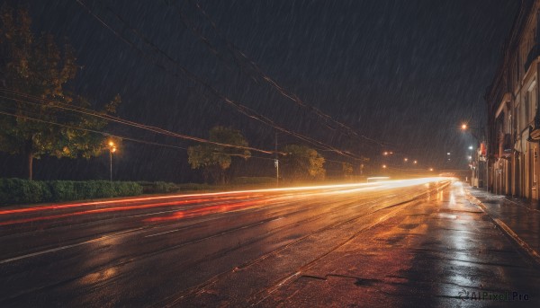 outdoors,sky,cloud,water,tree,no humans,night,cloudy sky,building,night sky,scenery,reflection,rain,sign,fence,light,road,bench,bush,dark,power lines,lamppost,street,utility pole,puddle,signature,city,railing,road sign,city lights,pavement,crosswalk,vanishing point,sidewalk