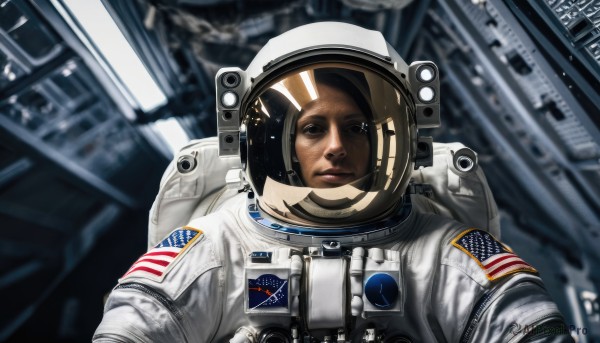 1girl,solo,looking at viewer,1boy,brown eyes,upper body,male focus,blurry,lips,blurry background,helmet,reflection,science fiction,realistic,space,american flag,spacesuit,japanese flag,astronaut,signature,english text,planet,flag print,earth (planet),spacecraft,space helmet,united states,american flag print