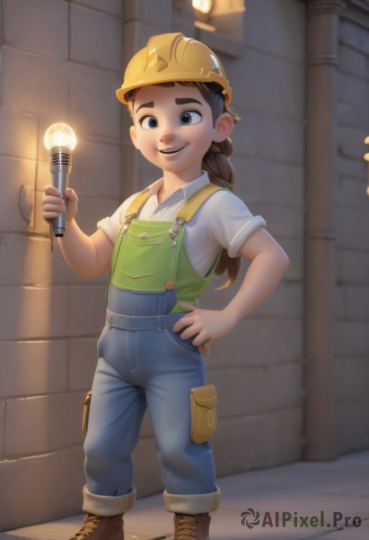 1girl,solo,long hair,looking at viewer,smile,open mouth,blue eyes,brown hair,shirt,1boy,hat,holding,standing,full body,white shirt,ponytail,braid,short sleeves,male focus,boots,outdoors,teeth,artist name,black eyes,hand on hip,brown footwear,thick eyebrows,helmet,child,overalls,male child,yellow headwear,flashlight,hardhat,black hair,shoes,collared shirt,aged down,denim,freckles,blue overalls,searchlight