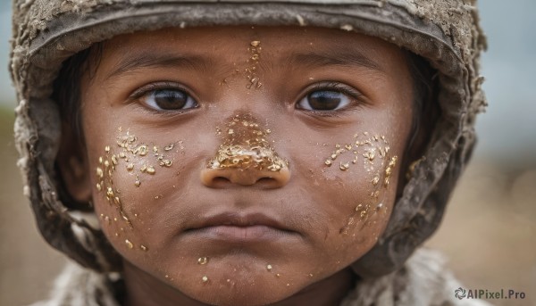 solo,looking at viewer,brown hair,black hair,1boy,hat,brown eyes,closed mouth,male focus,outdoors,blurry,lips,depth of field,blurry background,portrait,close-up,realistic,male child,dirty,dirty face,1girl,helmet