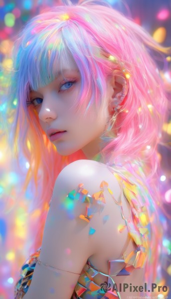 1girl,solo,long hair,breasts,looking at viewer,bangs,blue eyes,bare shoulders,jewelry,upper body,pink hair,multicolored hair,earrings,parted lips,looking back,artist name,blunt bangs,blurry,from side,lips,looking to the side,eyelashes,makeup,blurry background,piercing,ear piercing,nose,colorful,blue hair,gradient hair,watermark,armlet,realistic