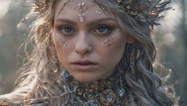 1girl,solo,long hair,looking at viewer,blonde hair,hair ornament,jewelry,closed mouth,green eyes,earrings,artist name,necklace,blurry,lips,grey eyes,eyelashes,depth of field,blurry background,wavy hair,looking away,gem,portrait,close-up,freckles,circlet,realistic,nose,gold,head chain,grey hair,parted lips,crown