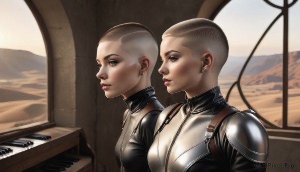 breasts,short hair,blue eyes,multiple girls,blonde hair,brown hair,2girls,jewelry,earrings,lips,bodysuit,makeup,instrument,dual persona,science fiction,very short hair,piano,upper body,signature,armor,siblings,sisters,zipper,realistic,mohawk,grand piano