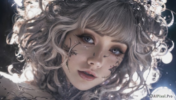 1girl,solo,looking at viewer,smile,short hair,open mouth,bangs,blue eyes,white hair,grey hair,parted lips,teeth,black eyes,lips,grey eyes,eyelashes,portrait,realistic,hair ornament,choker,artist name,signature,blunt bangs,floating hair,wavy hair,close-up,nose