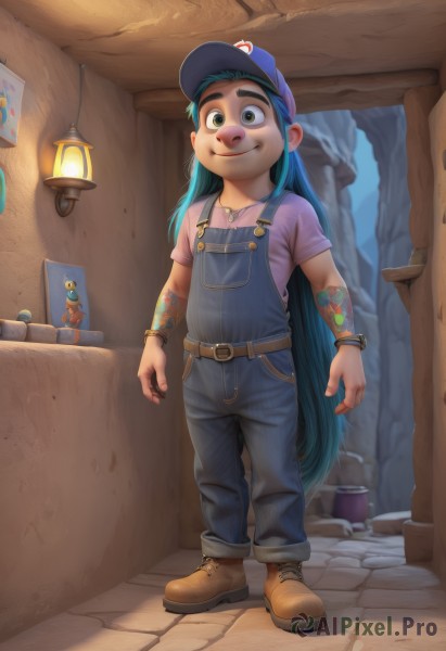 1girl,solo,long hair,looking at viewer,smile,shirt,hat,jewelry,very long hair,closed mouth,green eyes,blue hair,standing,full body,short sleeves,boots,shoes,belt,indoors,necklace,flat chest,bracelet,tattoo,brown footwear,thick eyebrows,denim,child,baseball cap,blue headwear,pink shirt,lantern,purple shirt,female child,lamp,overalls,blue overalls,outdoors,green hair