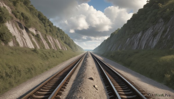 outdoors,sky,day,cloud,tree,blue sky,no humans,cloudy sky,grass,nature,scenery,forest,mountain,road,bridge,river,landscape,path,sunlight,rock,train station,railroad tracks