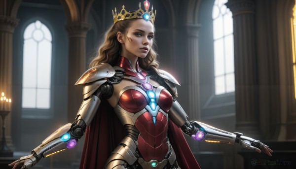 HQ,1girl,solo,long hair,breasts,blue eyes,brown hair,medium breasts,upper body,indoors,cape,armor,blurry,lips,window,blurry background,crown,shoulder armor,science fiction,android,red cape,candle,joints,mechanical arms,cyborg,robot joints,power armor,looking at viewer,blonde hair,bodysuit,facial mark,backlighting,realistic,pillar,column