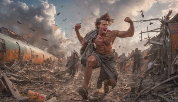 open mouth,brown hair,1boy,weapon,male focus,outdoors,multiple boys,sky,barefoot,teeth,solo focus,day,cloud,military,muscular,facial hair,abs,cloudy sky,ground vehicle,building,motor vehicle,clenched hands,smoke,6+boys,topless male,running,realistic,aircraft,flag,airplane,battle,manly,explosion,dirty,shouting,debris,soldier,fleeing,dust,destruction,war,army,short hair,black hair,dutch angle,crying,muscular male,walking,screaming