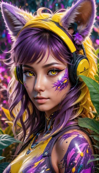 1girl,solo,long hair,breasts,looking at viewer,bangs,blonde hair,animal ears,bare shoulders,medium breasts,closed mouth,yellow eyes,upper body,purple hair,flower,multicolored hair,shiny,artist name,cat ears,signature,blurry,two-tone hair,lips,animal ear fluff,fox ears,eyelashes,makeup,headphones,leaf,facial mark,plant,lipstick,slit pupils,fox girl,portrait,eyeshadow,nose,eyeliner,whisker markings,mascara,k/da (league of legends),jewelry,sleeveless,necklace,from side,gradient hair,depth of field,light particles,pink lips,facepaint,bokeh