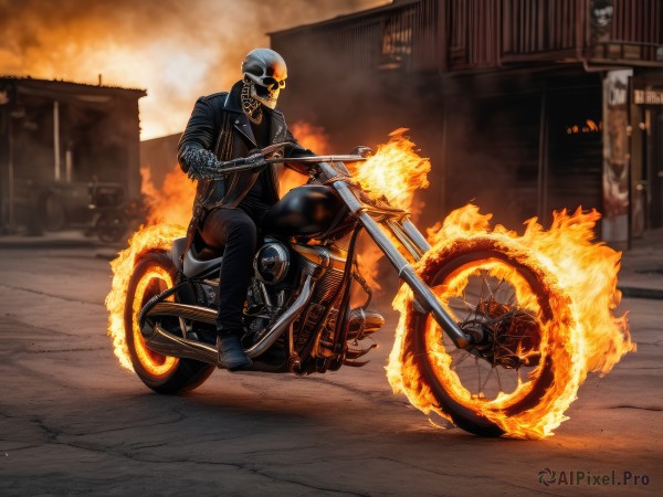 solo,1boy,sitting,jacket,weapon,male focus,boots,outdoors,pants,artist name,signature,black footwear,black jacket,gun,glowing,black pants,helmet,fire,ground vehicle,building,motor vehicle,smoke,science fiction,skull,mechanical arms,leather,motorcycle,cyborg,single mechanical arm,leather jacket,on motorcycle,gloves,long sleeves,jewelry,shoes,necklace,blurry,open jacket,tattoo,blurry background,chain,sunglasses,spikes,riding,bald,spiked collar,skeleton,flame,burning,leather pants