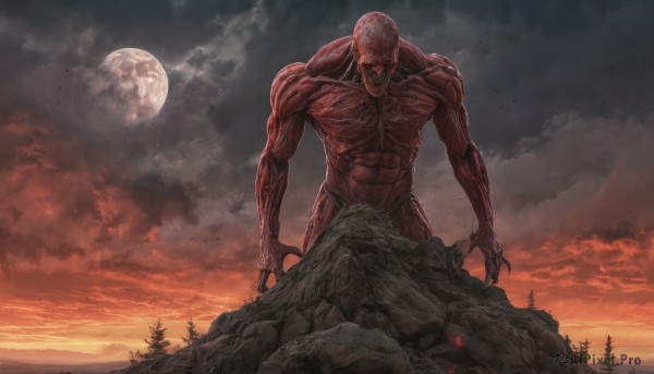 solo,open mouth,red eyes,1boy,weapon,male focus,outdoors,sky,teeth,cloud,tree,blood,muscular,glowing,abs,moon,cloudy sky,nature,glowing eyes,full moon,forest,veins,monster,rock,bald,red sky,no humans,night,scenery,claws,mountain