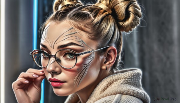 1girl,solo,looking at viewer,blue eyes,blonde hair,jewelry,earrings,glasses,hood,hair bun,nail polish,blurry,lips,grey eyes,eyelashes,double bun,makeup,blurry background,lipstick,portrait,black-framed eyewear,realistic,nose,round eyewear,red lips,adjusting eyewear,stud earrings,blush,brown hair,parted lips,fingernails,piercing,single hair bun,close-up,eyeshadow,bespectacled,mascara