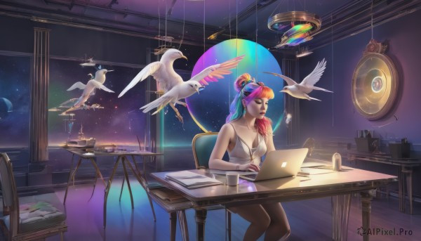 1girl,solo,long hair,breasts,bangs,holding,cleavage,bare shoulders,jewelry,medium breasts,sitting,underwear,blue hair,collarbone,closed eyes,ponytail,pink hair,purple hair,pantyhose,multicolored hair,wings,sleeveless,indoors,necklace,hair bun,star (symbol),bra,two-tone hair,cup,lips,book,window,makeup,night,bird,animal,chair,table,single hair bun,tank top,lipstick,star (sky),desk,eyeshadow,starry sky,paper,nose,space,computer,monitor,planet,laptop,dove,sky,artist name,headphones,watermark,moon,crescent,web address,flying,cable,crescent moon,speaker,rainbow hair