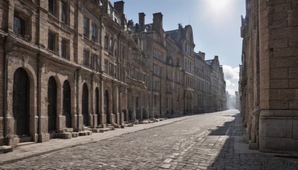 outdoors,sky,day,cloud,blue sky,no humans,window,shadow,sunlight,building,scenery,city,sun,road,architecture,ruins,street,arch,pavement,cloudy sky,wall,stone floor,vanishing point