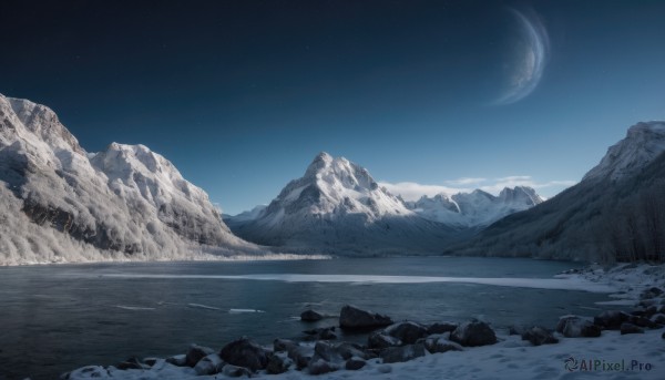 outdoors,sky,cloud,water,tree,blue sky,no humans,night,moon,star (sky),nature,night sky,scenery,snow,forest,starry sky,reflection,rock,mountain,crescent moon,winter,river,landscape,mountainous horizon,lake,monochrome,day,blue theme