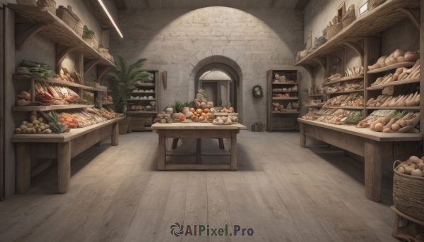 food,indoors,no humans,window,fruit,chair,table,bottle,plant,scenery,plate,fish,wooden floor,door,basket,carrot,bread,shelf,meat,shop,vegetable,ceiling,ceiling light,baguette,groceries,fantasy,clock,potted plant,jar