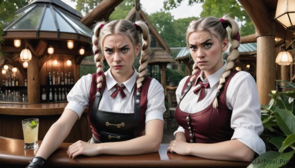 long hair,breasts,looking at viewer,blue eyes,multiple girls,blonde hair,shirt,ribbon,2girls,twintails,closed mouth,hair ribbon,white shirt,upper body,braid,short sleeves,multicolored hair,puffy sleeves,collared shirt,mole,apron,vest,twin braids,red ribbon,tree,cup,puffy short sleeves,lips,grey eyes,neck ribbon,siblings,table,plant,sisters,dual persona,freckles,twins,lantern,realistic,waitress,lamp,bar (place),restaurant,cafe,hair ornament,bow,medium breasts,sitting,white hair,artist name,indoors,two-tone hair,cosplay,parody,crossover