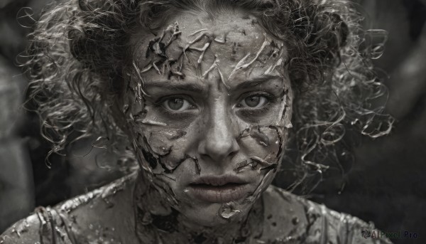 1girl,solo,looking at viewer,short hair,twintails,closed mouth,monochrome,greyscale,dark skin,blurry,lips,portrait,science fiction,realistic,1boy,male focus,eyelashes,floating hair,curly hair,straight-on,dirty,cracked skin