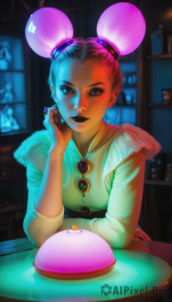 1girl,solo,breasts,looking at viewer,short hair,blue eyes,shirt,jewelry,sitting,upper body,pink hair,earrings,food,indoors,dark skin,necklace,hair bun,blurry,dark-skinned female,lips,fur trim,double bun,makeup,blurry background,table,lipstick,eyeshadow,cake,head rest,mouse ears,nose,black lips,pov across table,long sleeves,belt,sunglasses,brooch,realistic,egg