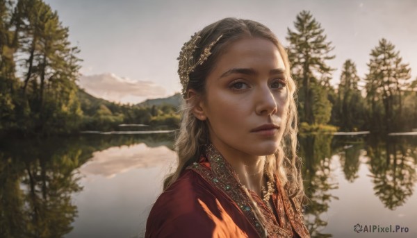 1girl,solo,long hair,looking at viewer,brown hair,hair ornament,brown eyes,jewelry,closed mouth,upper body,outdoors,sky,day,water,necklace,blurry,tree,lips,portrait,nature,reflection,mountain,realistic,nose,river,lake,traditional clothes,sunlight,thick eyebrows,scenery,forest