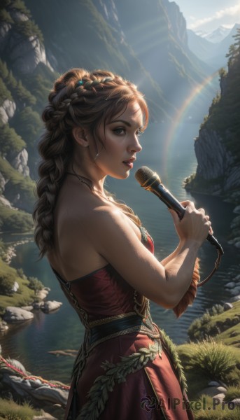 1girl,solo,long hair,breasts,looking at viewer,open mouth,blue eyes,brown hair,hair ornament,dress,holding,bare shoulders,brown eyes,jewelry,standing,braid,earrings,outdoors,parted lips,sky,day,water,necklace,from side,tree,lips,single braid,strapless,red dress,sunlight,grass,feathers,plant,nature,microphone,strapless dress,lens flare,rock,mountain,realistic,nose,music,holding microphone,singing,rainbow,river,waterfall,lake,medium breasts,artist name