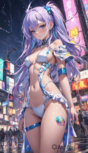 1girl,solo,long hair,breasts,looking at viewer,blush,bangs,blue eyes,hair ornament,navel,cleavage,bare shoulders,jewelry,medium breasts,closed mouth,blue hair,standing,swimsuit,purple hair,ahoge,bikini,thighs,multicolored hair,cowboy shot,earrings,outdoors,frills,sky,solo focus,stomach,nail polish,streaked hair,tattoo,thigh strap,night,one side up,highleg,white bikini,revealing clothes,night sky,string bikini,highleg bikini,leg tattoo,holding,hair between eyes,twintails,sidelocks,small breasts,shiny,collar,two side up,shiny skin,butterfly hair ornament,arm strap,crowd