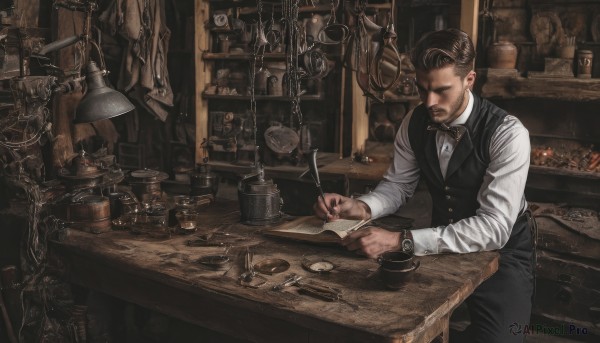 solo,short hair,brown hair,shirt,black hair,long sleeves,1boy,bow,holding,sitting,white shirt,male focus,collared shirt,pants,indoors,bowtie,vest,cup,black bow,facial hair,chain,chair,black pants,table,bottle,knife,beard,watch,black vest,paper,realistic,spoon,mustache,stubble,pen,wristwatch,lamp,coffee,shelf,waistcoat,pocket watch,jar,quill,nib pen (object),inkwell,loaded interior,book,reading,stool,bar (place),steampunk,bartender