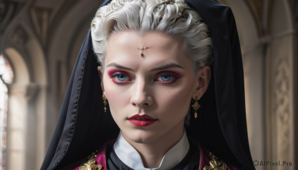 1girl,solo,looking at viewer,short hair,blue eyes,jewelry,white hair,grey hair,earrings,indoors,blurry,lips,eyelashes,makeup,blurry background,lipstick,portrait,veil,eyeshadow,freckles,realistic,red lips,nun,church,cross,gem,cross earrings