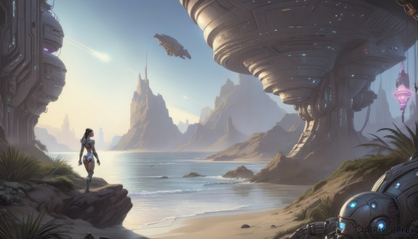 1girl,solo,long hair,short hair,brown hair,black hair,gloves,standing,boots,outdoors,sky,shorts,day,water,from behind,grass,robot,scenery,mecha,walking,science fiction,rock,mountain,aircraft,sand,landscape,spacecraft,desert,drone,breasts,armor,glowing,ocean,beach,helmet,power armor,shore,spacesuit