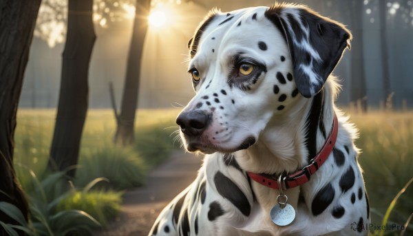 HQ,solo,jewelry,yellow eyes,outdoors,necklace,blurry,collar,tree,no humans,depth of field,blurry background,animal,sunlight,grass,looking up,nature,dog,realistic,animal focus,red collar,animal collar,plant,lens flare,sun