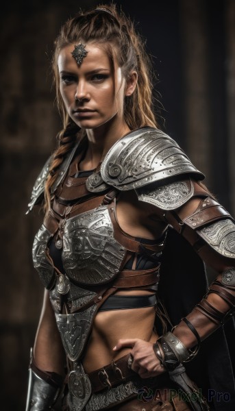 1girl,solo,long hair,looking at viewer,blonde hair,brown hair,brown eyes,closed mouth,braid,cowboy shot,midriff,belt,cape,armor,blurry,lips,hand on hip,single braid,blurry background,shoulder armor,pauldrons,breastplate,realistic,nose,vambraces,bracer,bikini armor,chainmail,jewelry,ring,shoulder pads