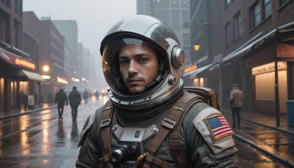 looking at viewer,brown hair,1boy,brown eyes,upper body,male focus,outdoors,multiple boys,solo focus,bag,blurry,uniform,lips,military,backpack,helmet,ground vehicle,building,reflection,walking,science fiction,city,realistic,road,street,american flag,soldier,spacesuit,japanese flag,people,united states,astronaut,1girl,closed mouth,standing,jacket,day,scenery,rain,sign,flag print,crowd,space helmet