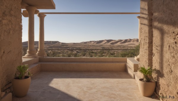 outdoors,sky,day,blue sky,no humans,window,shadow,sunlight,plant,building,scenery,mountain,potted plant,pillar,flower pot,cactus,wall,landscape,desert,column