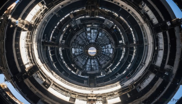 sky,blue sky,no humans,from above,blue background,scenery,science fiction,clock,gears,outdoors,day,cloud,signature,sunlight,space,planet,spacecraft