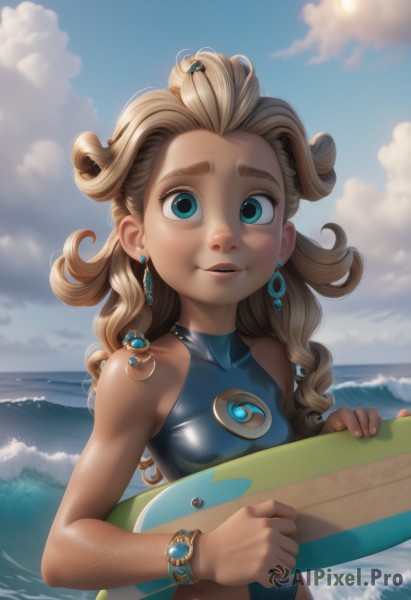 1girl,solo,long hair,breasts,looking at viewer,smile,open mouth,blue eyes,blonde hair,hair ornament,holding,bare shoulders,jewelry,swimsuit,upper body,bikini,earrings,small breasts,outdoors,parted lips,sky,teeth,day,cloud,water,bracelet,aqua eyes,blue sky,lips,one-piece swimsuit,ocean,beach,thick eyebrows,cloudy sky,gem,forehead,freckles,curly hair,watch,blue one-piece swimsuit,sun,wristwatch,waves,surfboard,artist name,halterneck,wetsuit