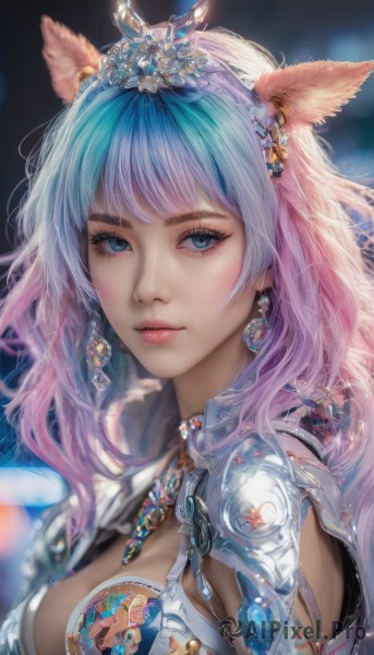 1girl,solo,long hair,breasts,looking at viewer,bangs,blue eyes,hair ornament,animal ears,cleavage,jewelry,medium breasts,closed mouth,blue hair,upper body,pink hair,multicolored hair,earrings,artist name,necklace,armor,blurry,from side,two-tone hair,lips,eyelashes,aqua hair,gradient hair,makeup,depth of field,blurry background,tiara,feathers,crown,shoulder armor,gem,eyeshadow,pink lips,realistic,nose,eyeliner,feather hair ornament,blue gemstone,mascara,cat ears,facial mark,portrait,miqo'te