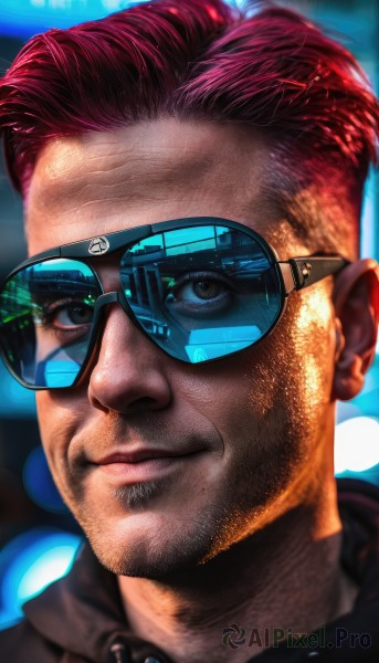 1girl,solo,looking at viewer,short hair,1boy,jewelry,pink hair,male focus,red hair,earrings,glasses,mole,lips,facial hair,sunglasses,goggles,portrait,close-up,realistic,nose,undercut,brown eyes,closed mouth,jacket,signature,blurry,looking to the side,depth of field,blurry background,bandaid,beard,lens flare,reflection,science fiction,cyberpunk