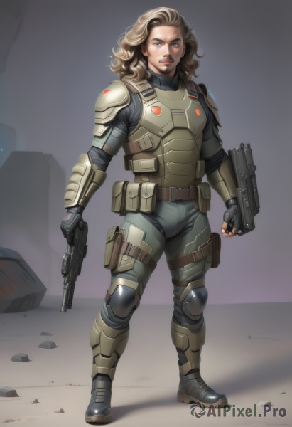 1girl,solo,long hair,looking at viewer,blue eyes,blonde hair,brown hair,gloves,1boy,holding,full body,weapon,male focus,boots,belt,fingerless gloves,holding weapon,armor,lips,gun,bodysuit,holding gun,rifle,handgun,science fiction,curly hair,pouch,realistic,holster,knee pads,animification,power armor,body armor,standing,teeth,shield,assault rifle,armored boots,shotgun,energy gun,bullpup