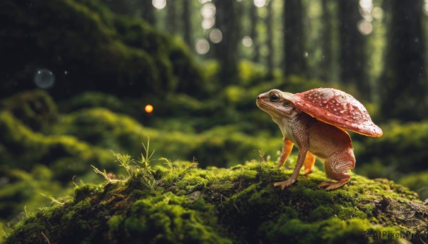 outdoors,day,signature,blurry,from side,tree,no humans,depth of field,blurry background,bird,animal,grass,plant,nature,scenery,forest,bubble,mushroom,animal focus,moss,solo,standing,realistic,frog,bokeh,turtle,lizard