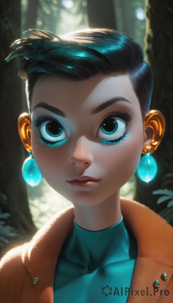 1girl,solo,looking at viewer,short hair,blue eyes,shirt,black hair,jewelry,closed mouth,collarbone,jacket,upper body,earrings,outdoors,artist name,dark skin,blurry,aqua eyes,dark-skinned female,tree,lips,coat,eyelashes,makeup,blurry background,turtleneck,watermark,lipstick,gem,portrait,nature,web address,close-up,eyeshadow,forest,brown jacket,nose,eyeliner,mascara,depth of field,backlighting,orange jacket,aqua shirt