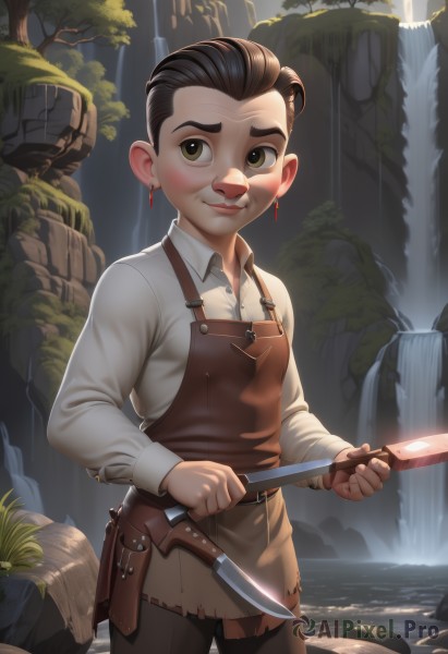 1girl,solo,looking at viewer,smile,short hair,brown hair,shirt,black hair,long sleeves,holding,brown eyes,jewelry,closed mouth,standing,white shirt,weapon,cowboy shot,earrings,outdoors,collared shirt,pants,water,holding weapon,apron,tree,lips,knife,nature,wading,forest,rock,holding knife,waterfall,stream,belt,artist name,torn clothes,genderswap (mtf),nose,holster,hair slicked back