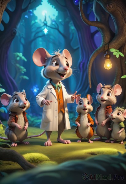 smile,open mouth,shirt,brown eyes,standing,jacket,tail,flower,:d,outdoors,multiple boys,necktie,teeth,blurry,looking at another,vest,tree,no humans,night,animal,grass,nature,furry,forest,lantern,mouse ears,green shirt,labcoat,lamp,furry male,mouse tail,mouse,whiskers,buck teeth,animal ears,male focus,black eyes,leaf,watermark,pointing,web address,fantasy,mushroom,light bulb