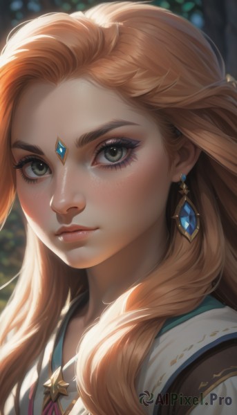 1girl,solo,long hair,looking at viewer,blonde hair,brown hair,jewelry,closed mouth,green eyes,upper body,earrings,artist name,orange hair,blurry,lips,eyelashes,makeup,blurry background,thick eyebrows,gem,portrait,forehead,freckles,realistic,nose,forehead jewel,mascara,blush,ribbon