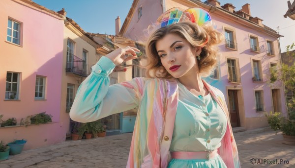 1girl,solo,breasts,looking at viewer,smile,short hair,blonde hair,brown hair,shirt,long sleeves,dress,brown eyes,jewelry,medium breasts,jacket,white shirt,upper body,earrings,outdoors,open clothes,sky,day,belt,hand up,necklace,nail polish,arm up,blue sky,lips,window,makeup,buttons,shadow,sunlight,plant,lipstick,building,red nails,multicolored clothes,curly hair,red lips,potted plant,road,pink jacket,house,street,holding,fingernails,see-through,ring