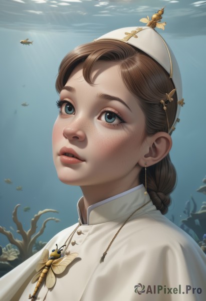 1girl,solo,long hair,blue eyes,brown hair,hat,jewelry,upper body,braid,earrings,parted lips,water,necklace,lips,eyelashes,white headwear,sunlight,bug,looking up,portrait,freckles,fish,underwater,realistic,nose,blush,bangs,hair ornament,butterfly