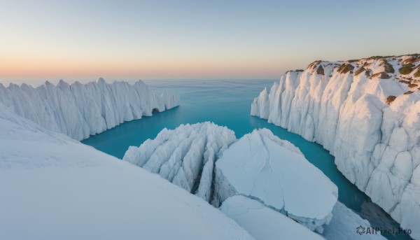 outdoors,sky,day,water,blue sky,no humans,ocean,scenery,snow,ice,rock,mountain,horizon,winter,river,landscape,mountainous horizon,lake,gradient sky,shore,cloud,tree,sunset